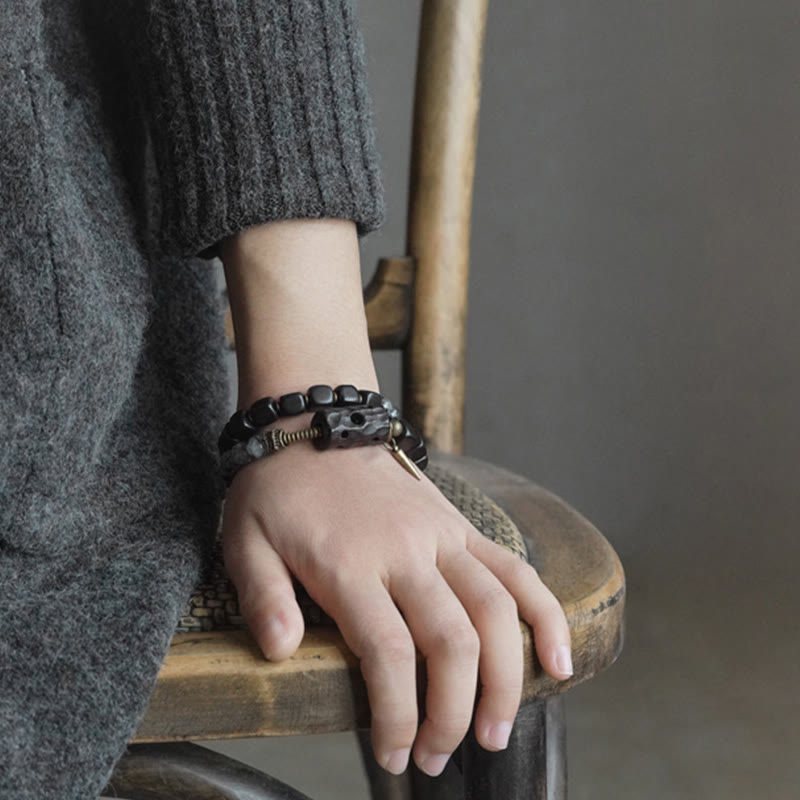 Nimara Ritual Ebony Wood Black Rutilated Quartz Copper Brass Double Wrap Balance Bracelet