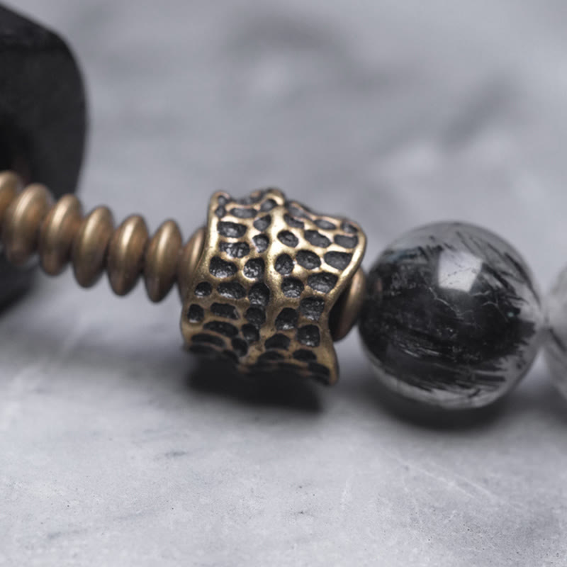 Nimara Ritual Ebony Wood Black Rutilated Quartz Copper Brass Double Wrap Balance Bracelet