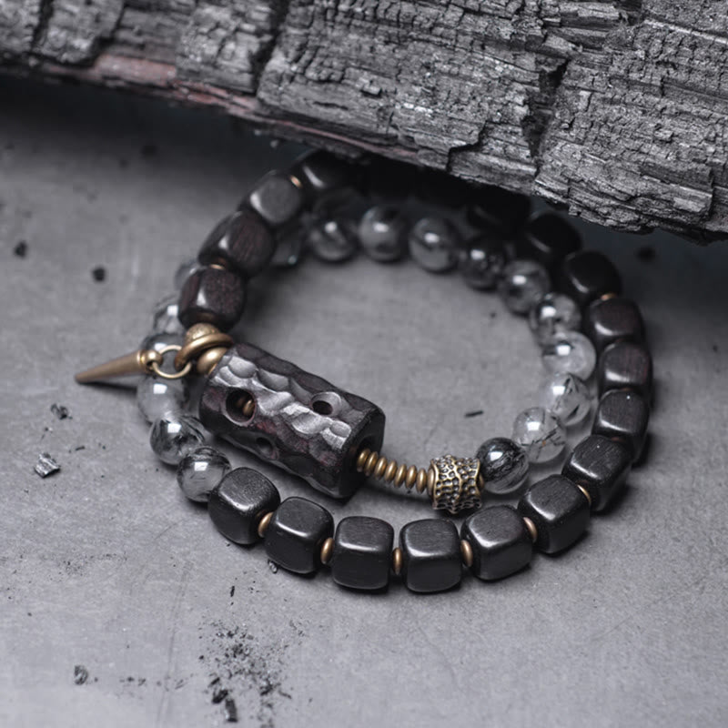 Nimara Ritual Ebony Wood Black Rutilated Quartz Copper Brass Double Wrap Balance Bracelet