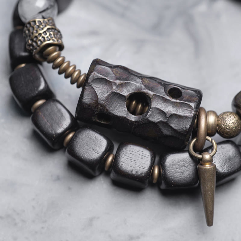 Nimara Ritual Ebony Wood Black Rutilated Quartz Copper Brass Double Wrap Balance Bracelet