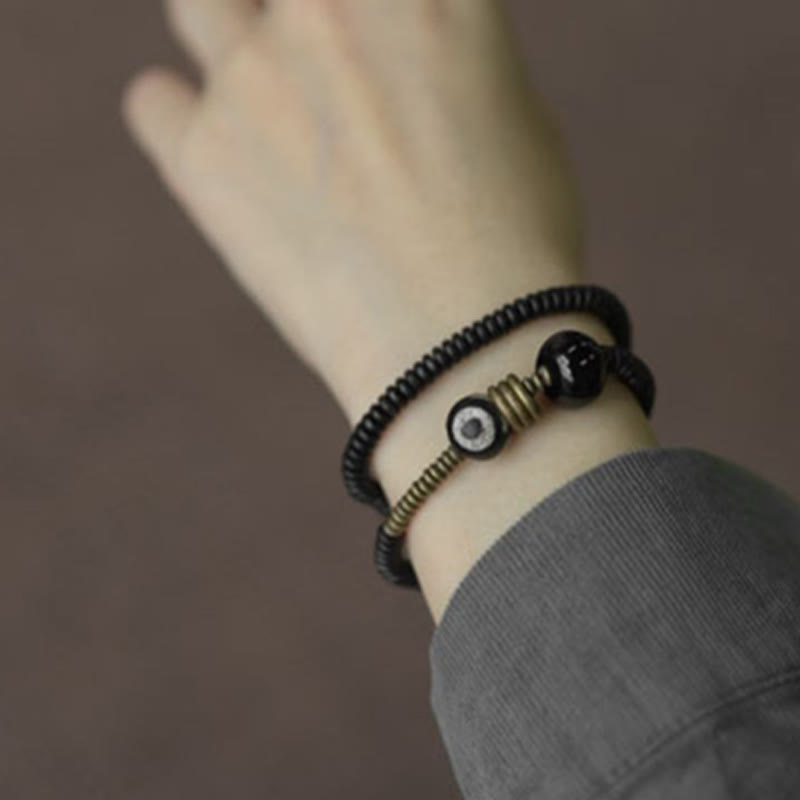 Nimara Ritual Ebony Wood Green Sandalwood Copper Brass Dzi Bead Black Onyx Calm Double Wrap Bracelet