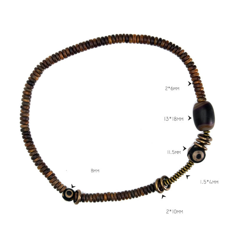 Nimara Ritual Ebony Wood Green Sandalwood Copper Brass Dzi Bead Black Onyx Calm Double Wrap Bracelet