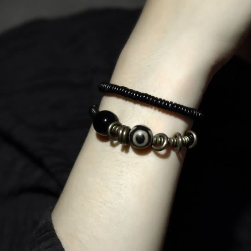 Nimara Ritual Ebony Wood Green Sandalwood Copper Brass Dzi Bead Black Onyx Calm Double Wrap Bracelet