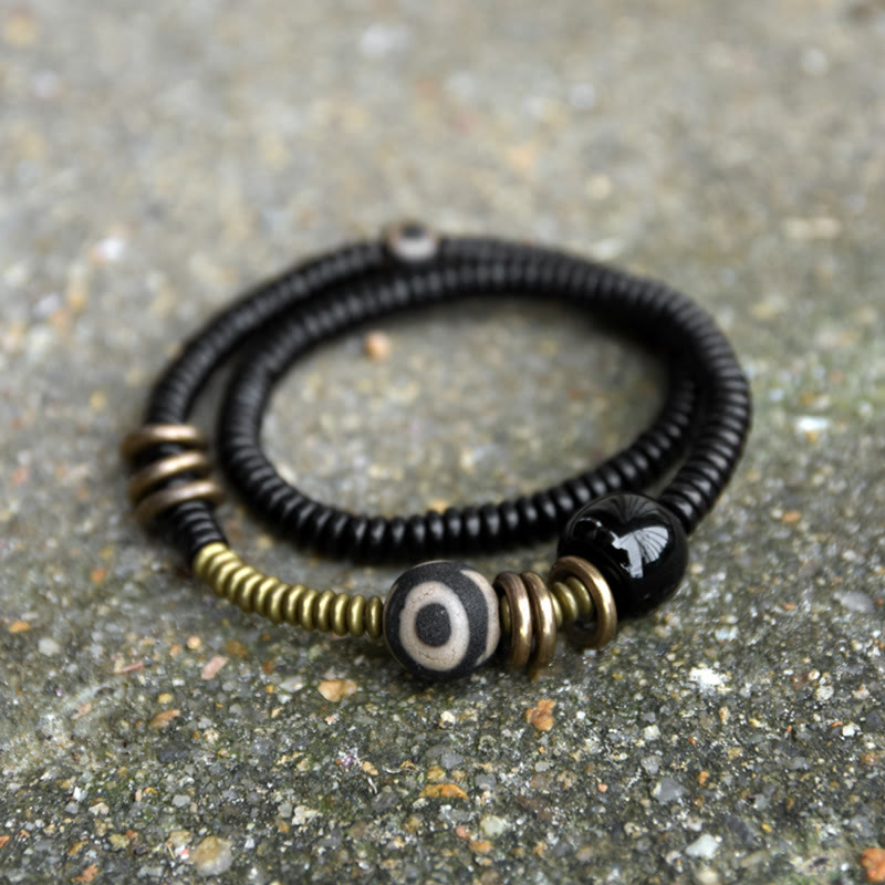 Nimara Ritual Ebony Wood Green Sandalwood Copper Brass Dzi Bead Black Onyx Calm Double Wrap Bracelet