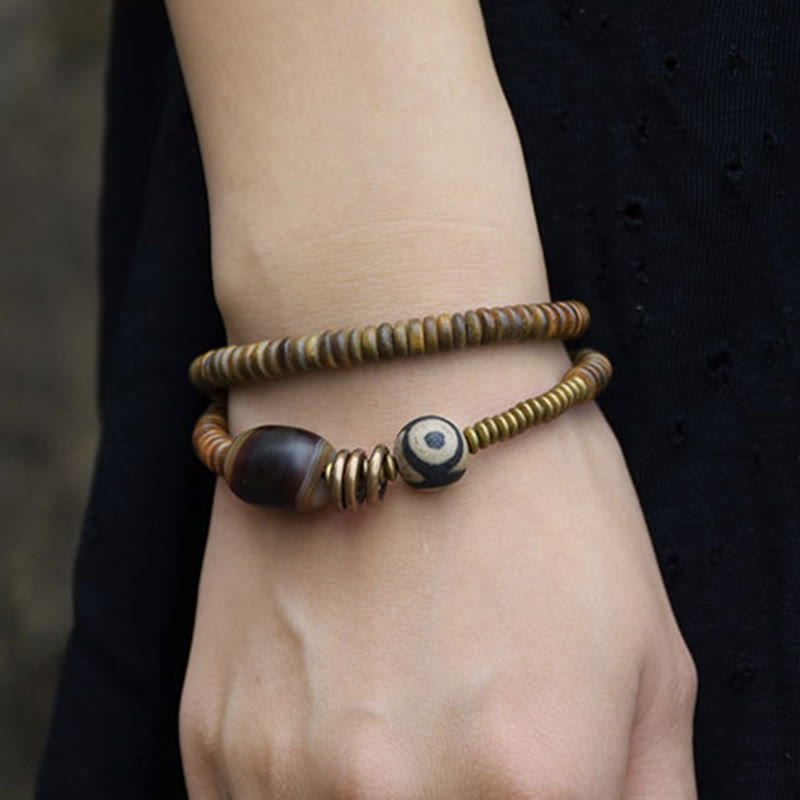 Nimara Ritual Ebony Wood Green Sandalwood Copper Brass Dzi Bead Black Onyx Calm Double Wrap Bracelet