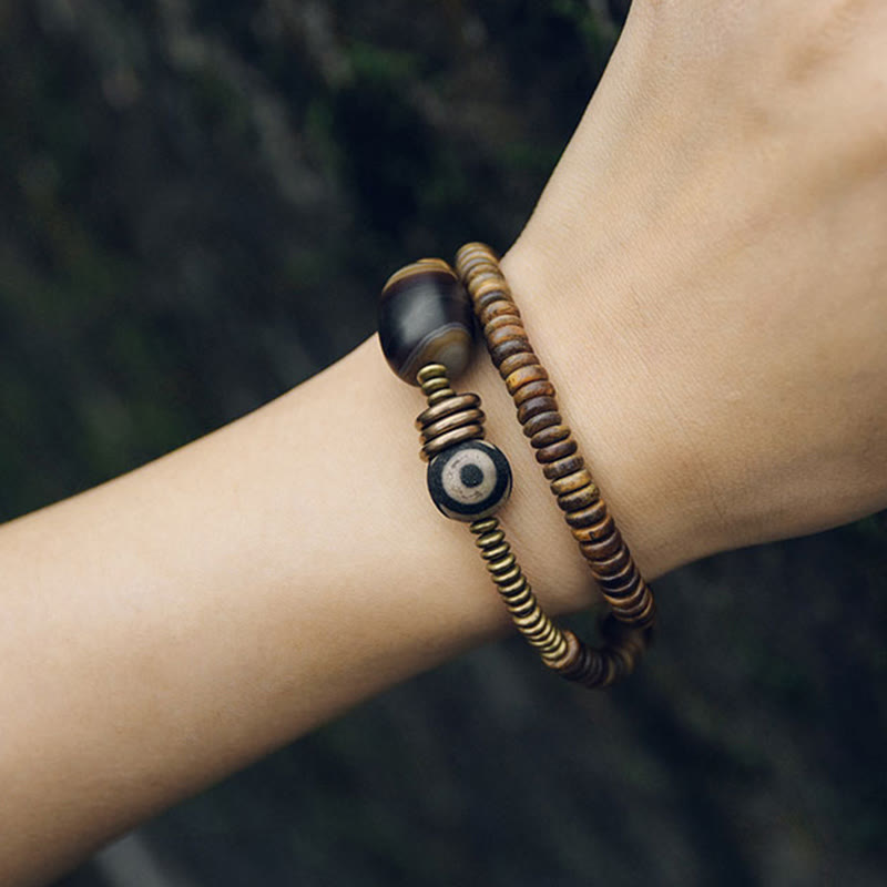 Nimara Ritual Ebony Wood Green Sandalwood Copper Brass Dzi Bead Black Onyx Calm Double Wrap Bracelet