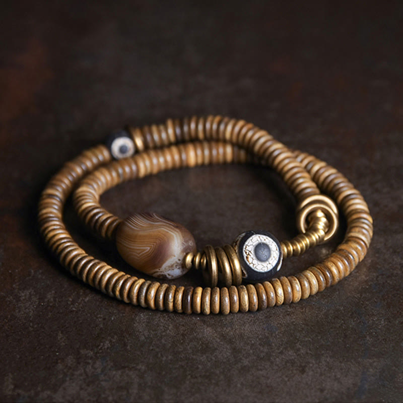 Nimara Ritual Ebony Wood Green Sandalwood Copper Brass Dzi Bead Black Onyx Calm Double Wrap Bracelet