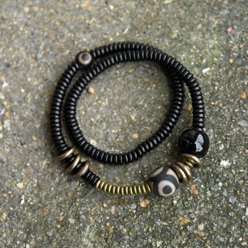Nimara Ritual Ebony Wood Green Sandalwood Copper Brass Dzi Bead Black Onyx Calm Double Wrap Bracelet