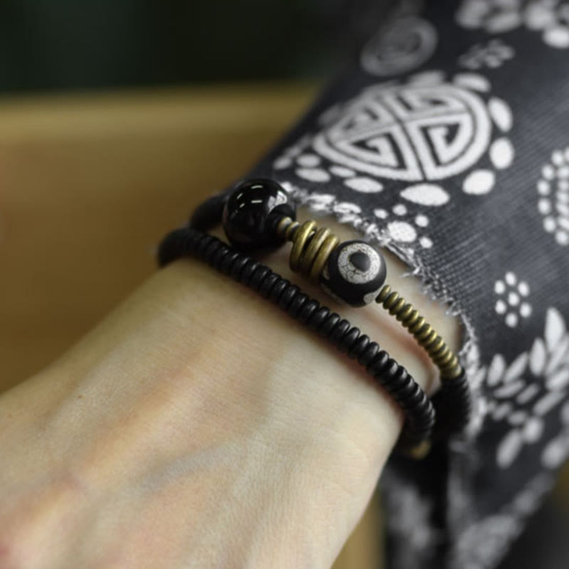 Nimara Ritual Ebony Wood Green Sandalwood Copper Brass Dzi Bead Black Onyx Calm Double Wrap Bracelet