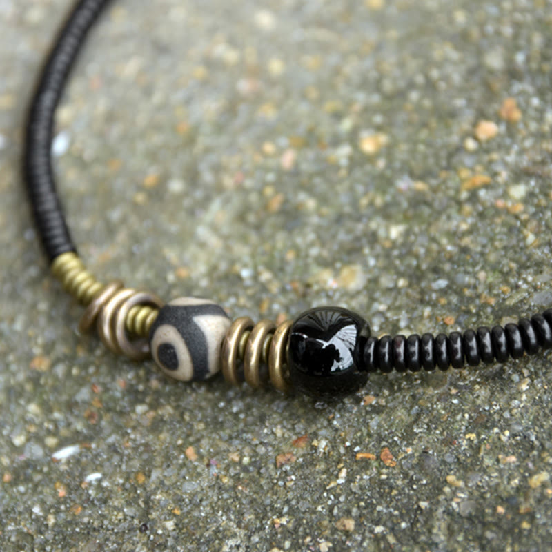 Nimara Ritual Ebony Wood Green Sandalwood Copper Brass Dzi Bead Black Onyx Calm Double Wrap Bracelet