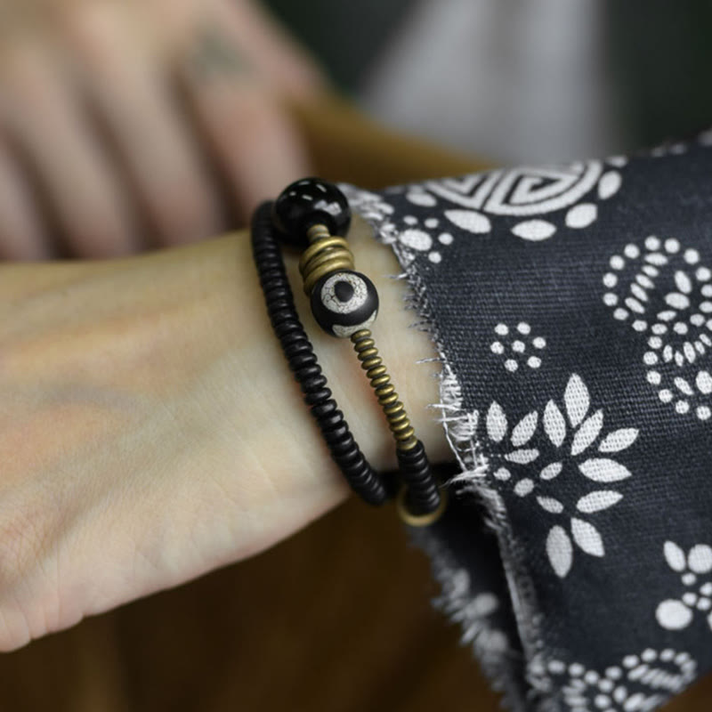 Nimara Ritual Ebony Wood Green Sandalwood Copper Brass Dzi Bead Black Onyx Calm Double Wrap Bracelet