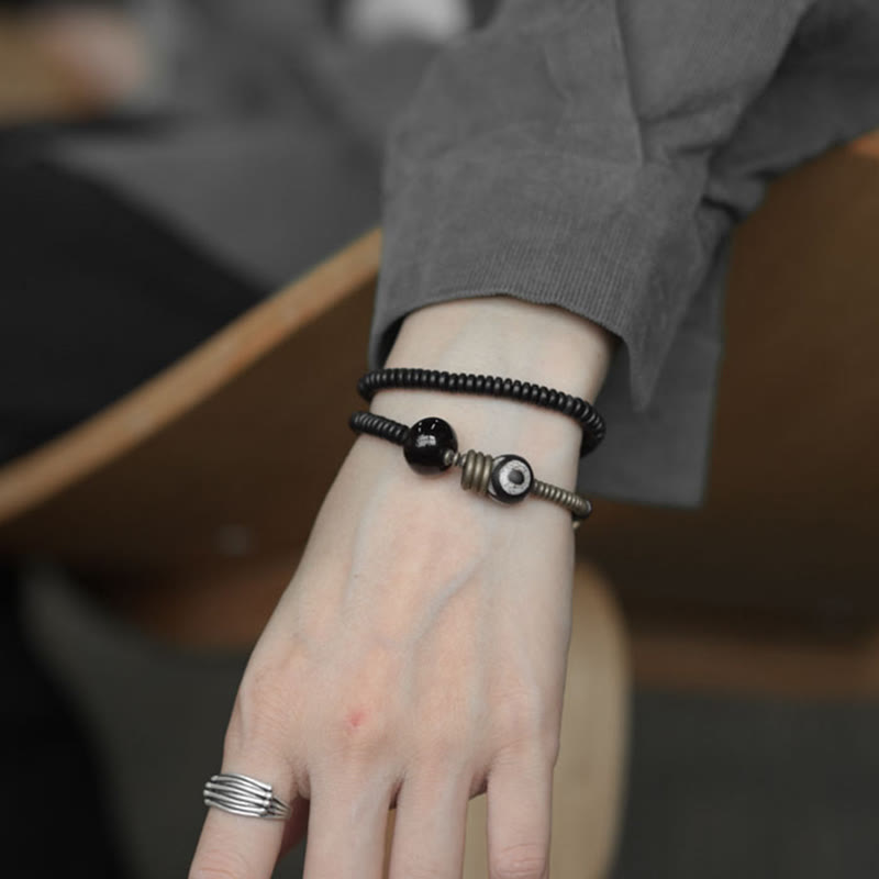 Nimara Ritual Ebony Wood Green Sandalwood Copper Brass Dzi Bead Black Onyx Calm Double Wrap Bracelet