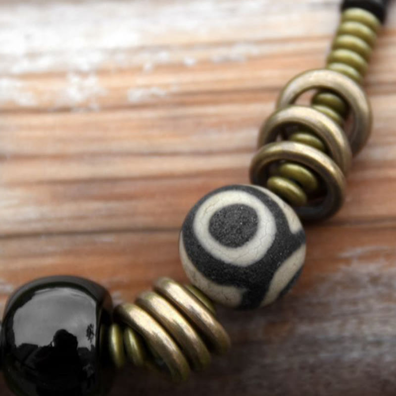Nimara Ritual Ebony Wood Green Sandalwood Copper Brass Dzi Bead Black Onyx Calm Double Wrap Bracelet