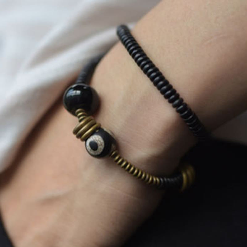 Nimara Ritual Ebony Wood Green Sandalwood Copper Brass Dzi Bead Black Onyx Calm Double Wrap Bracelet