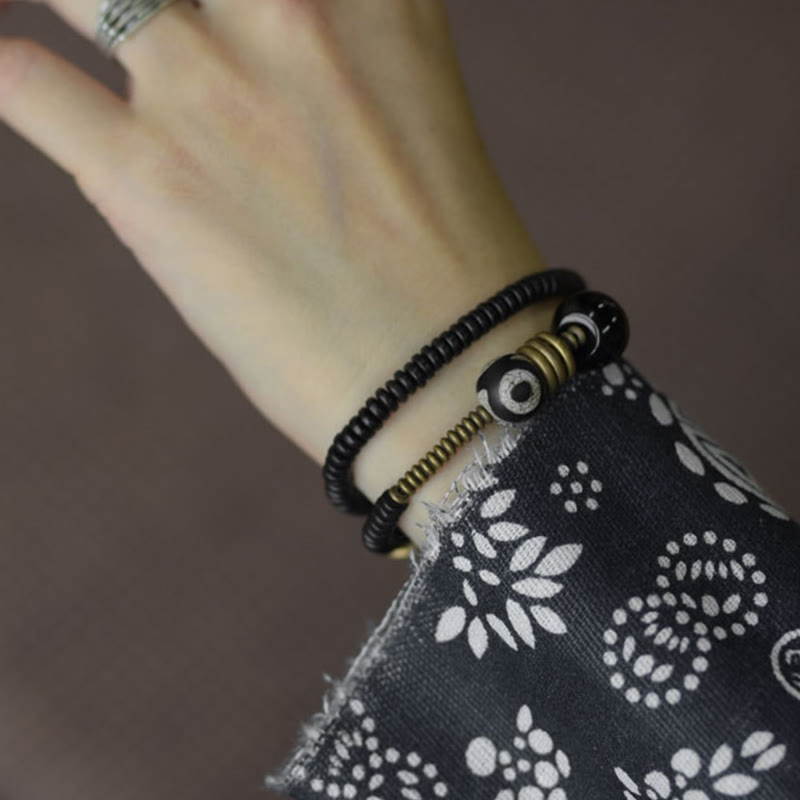 Nimara Ritual Ebony Wood Green Sandalwood Copper Brass Dzi Bead Black Onyx Calm Double Wrap Bracelet