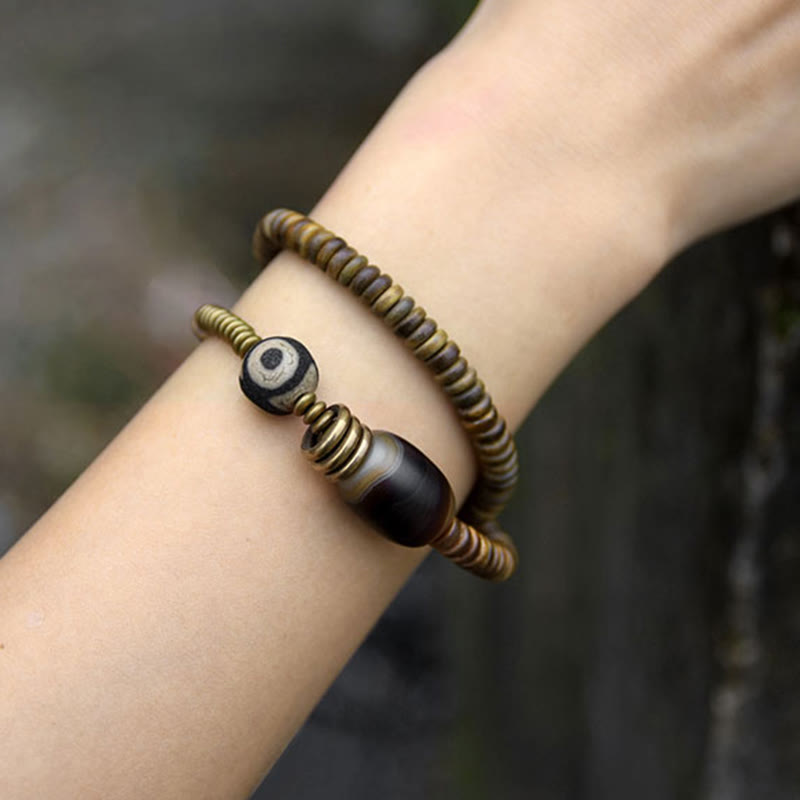 Nimara Ritual Ebony Wood Green Sandalwood Copper Brass Dzi Bead Black Onyx Calm Double Wrap Bracelet