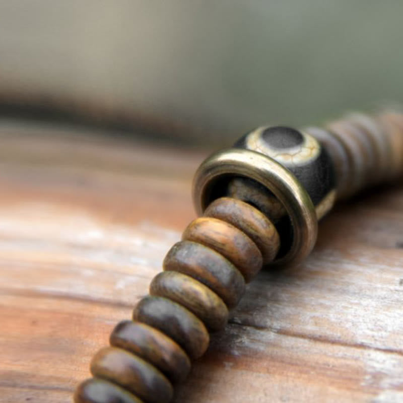 Nimara Ritual Ebony Wood Green Sandalwood Copper Brass Dzi Bead Black Onyx Calm Double Wrap Bracelet