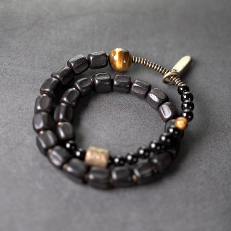 Nimara Ritual Ebony Wood Copper Brass Tiger Eye Peace Double Wrap Bracelet