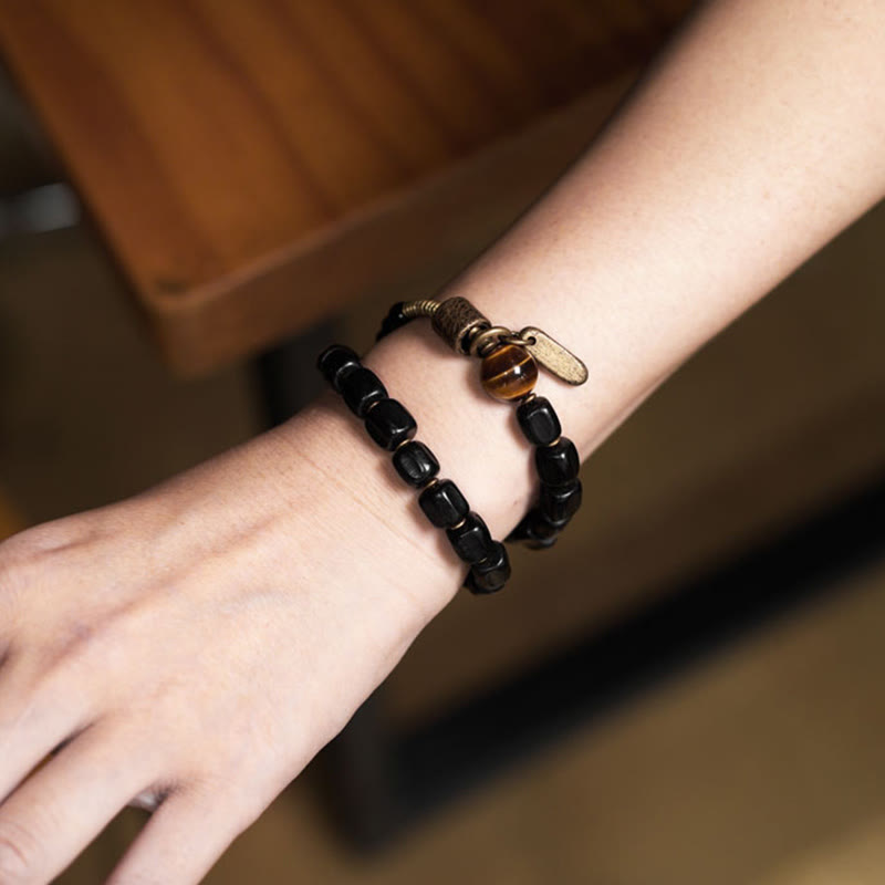 Nimara Ritual Ebony Wood Copper Brass Tiger Eye Peace Double Wrap Bracelet