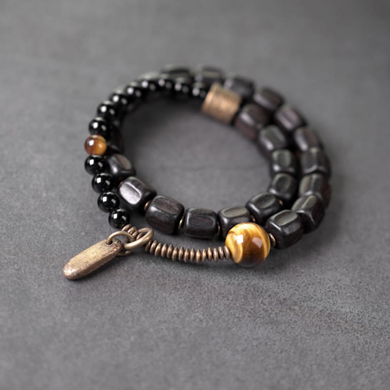 Nimara Ritual Ebony Wood Copper Brass Tiger Eye Peace Double Wrap Bracelet