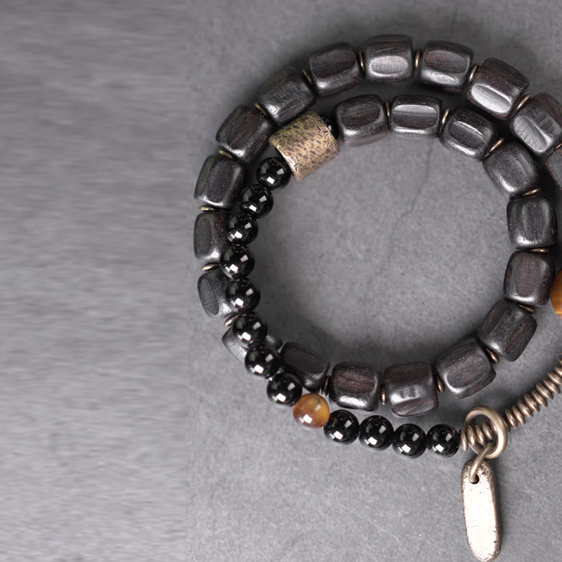Nimara Ritual Ebony Wood Copper Brass Tiger Eye Peace Double Wrap Bracelet