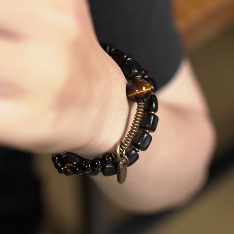 Nimara Ritual Ebony Wood Copper Brass Tiger Eye Peace Double Wrap Bracelet