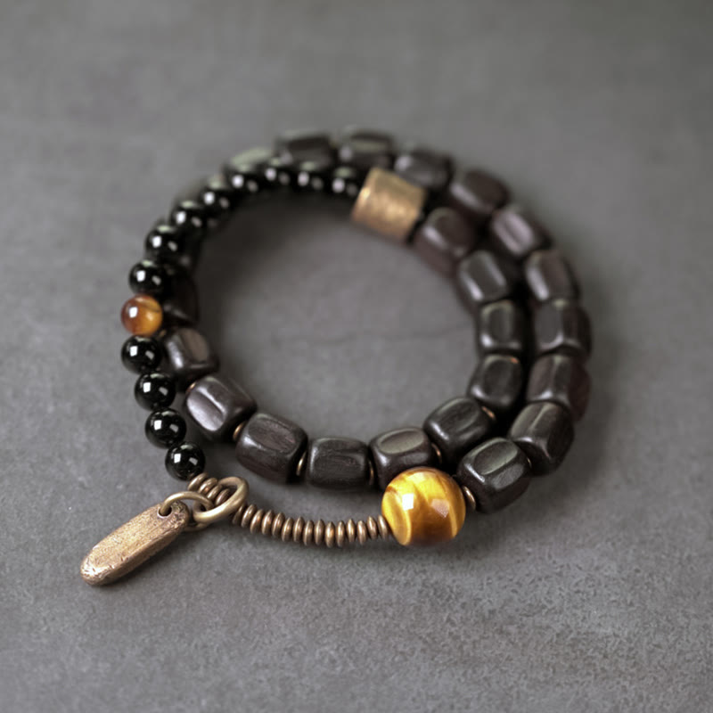 Nimara Ritual Ebony Wood Copper Brass Tiger Eye Peace Double Wrap Bracelet