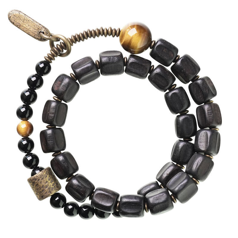 Nimara Ritual Ebony Wood Copper Brass Tiger Eye Peace Double Wrap Bracelet