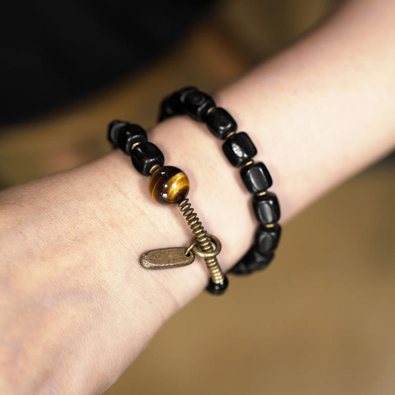 Nimara Ritual Ebony Wood Copper Brass Tiger Eye Peace Double Wrap Bracelet
