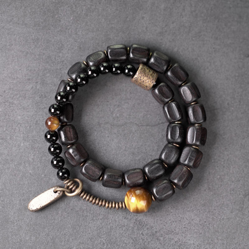 Nimara Ritual Ebony Wood Copper Brass Tiger Eye Peace Double Wrap Bracelet