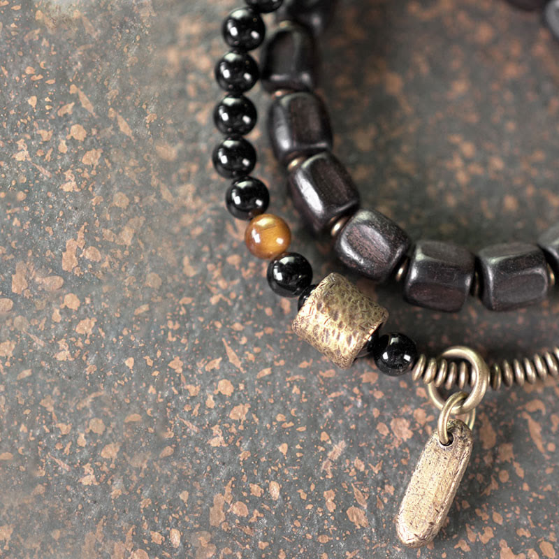 Nimara Ritual Ebony Wood Copper Brass Tiger Eye Peace Double Wrap Bracelet