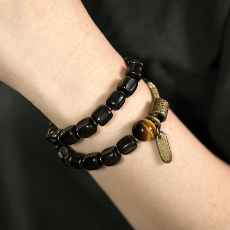Nimara Ritual Ebony Wood Copper Brass Tiger Eye Peace Double Wrap Bracelet