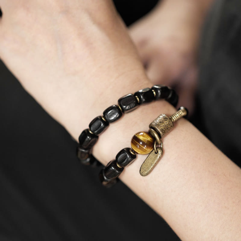 Nimara Ritual Ebony Wood Copper Brass Tiger Eye Peace Double Wrap Bracelet