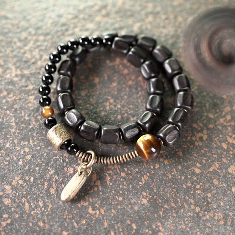 Nimara Ritual Ebony Wood Copper Brass Tiger Eye Peace Double Wrap Bracelet
