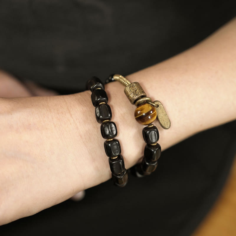 Nimara Ritual Ebony Wood Copper Brass Tiger Eye Peace Double Wrap Bracelet