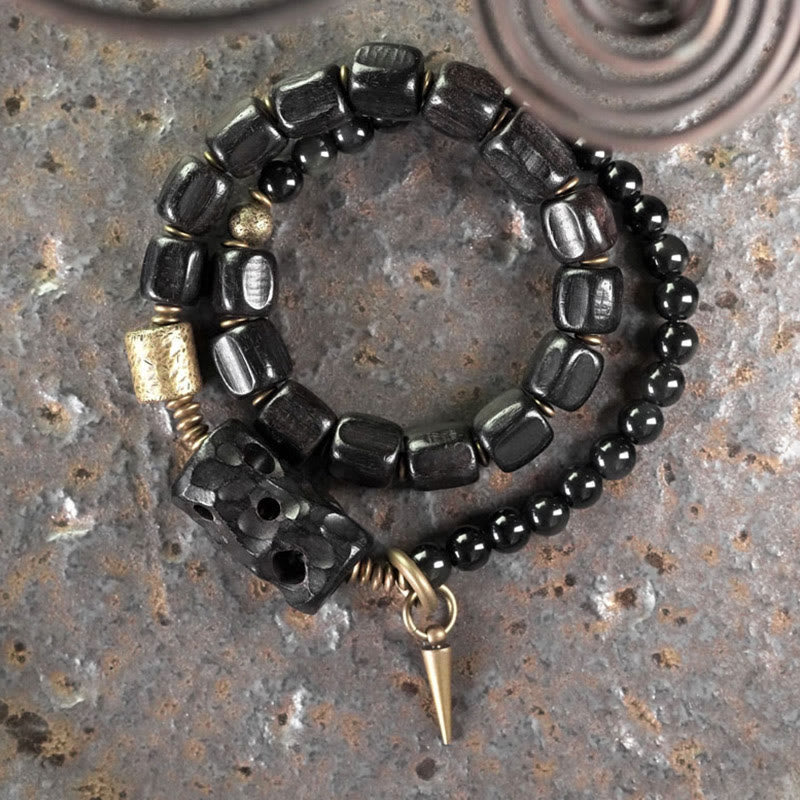 Nimara Ritual Ebony Wood Black Obsidian Copper Brass Peace Double Wrap Bracelet
