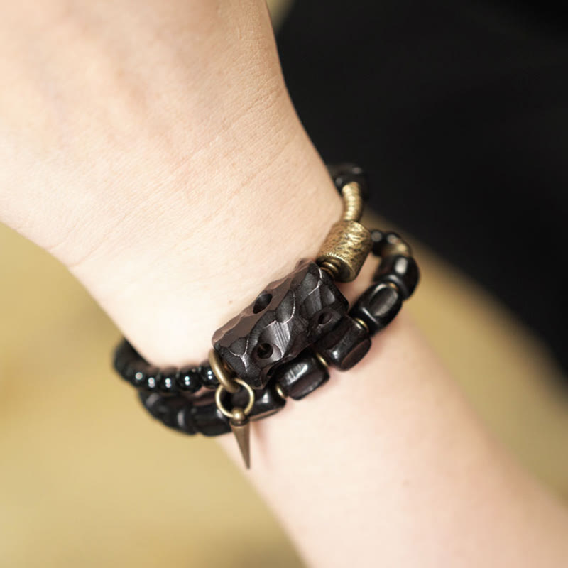 Nimara Ritual Ebony Wood Black Obsidian Copper Brass Peace Double Wrap Bracelet