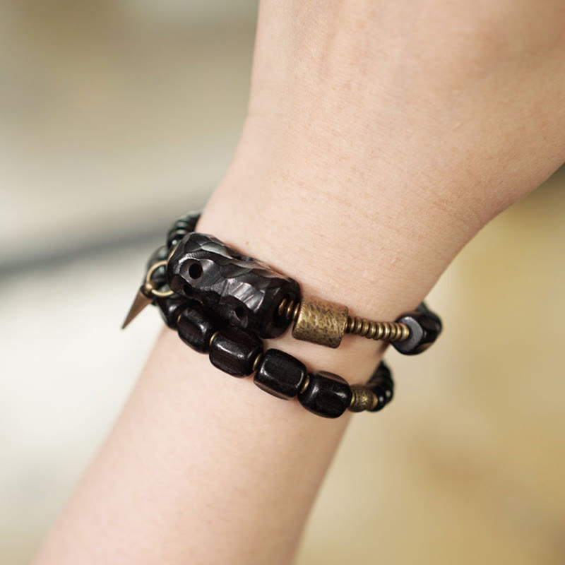 Nimara Ritual Ebony Wood Black Obsidian Copper Brass Peace Double Wrap Bracelet