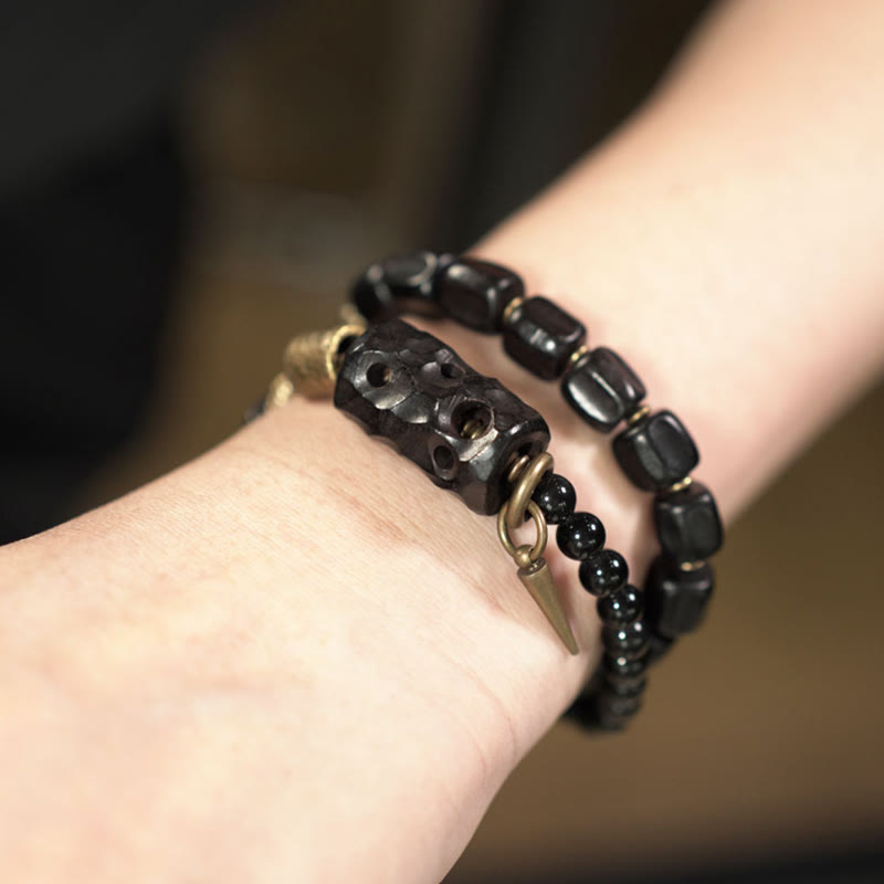 Nimara Ritual Ebony Wood Black Obsidian Copper Brass Peace Double Wrap Bracelet