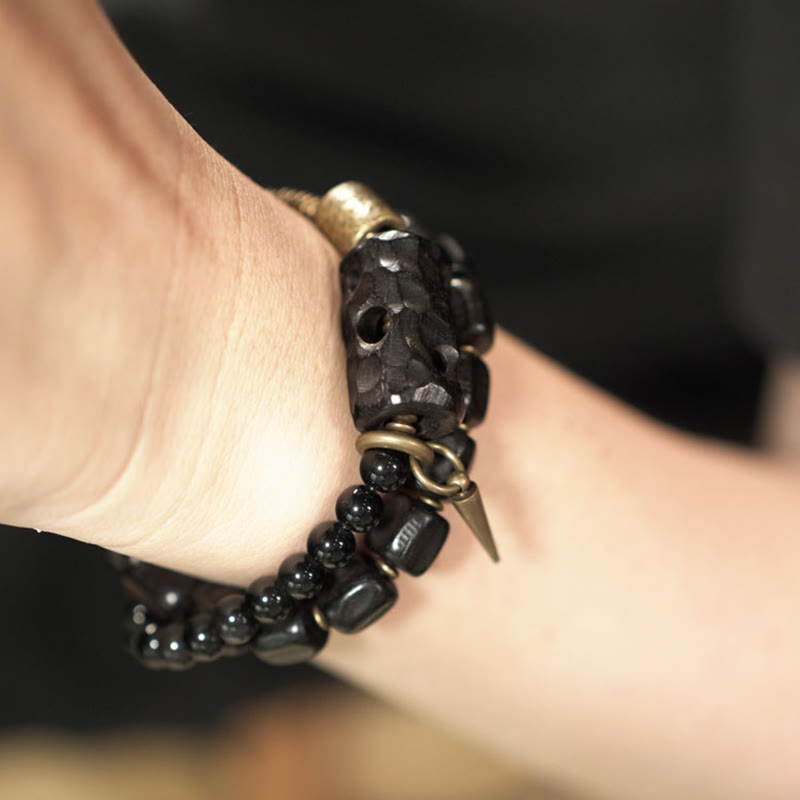 Nimara Ritual Ebony Wood Black Obsidian Copper Brass Peace Double Wrap Bracelet