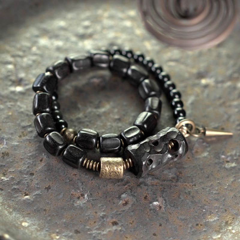 Nimara Ritual Ebony Wood Black Obsidian Copper Brass Peace Double Wrap Bracelet