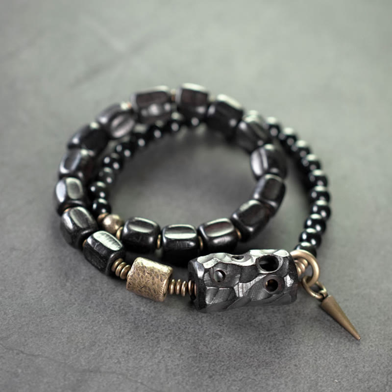 Nimara Ritual Ebony Wood Black Obsidian Copper Brass Peace Double Wrap Bracelet