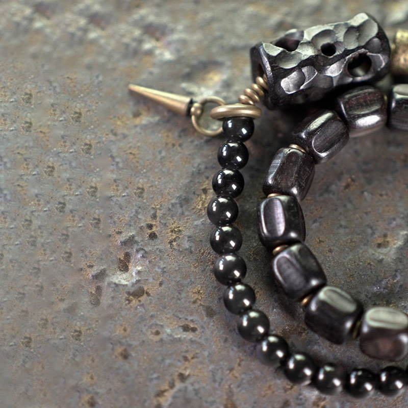 Nimara Ritual Ebony Wood Black Obsidian Copper Brass Peace Double Wrap Bracelet