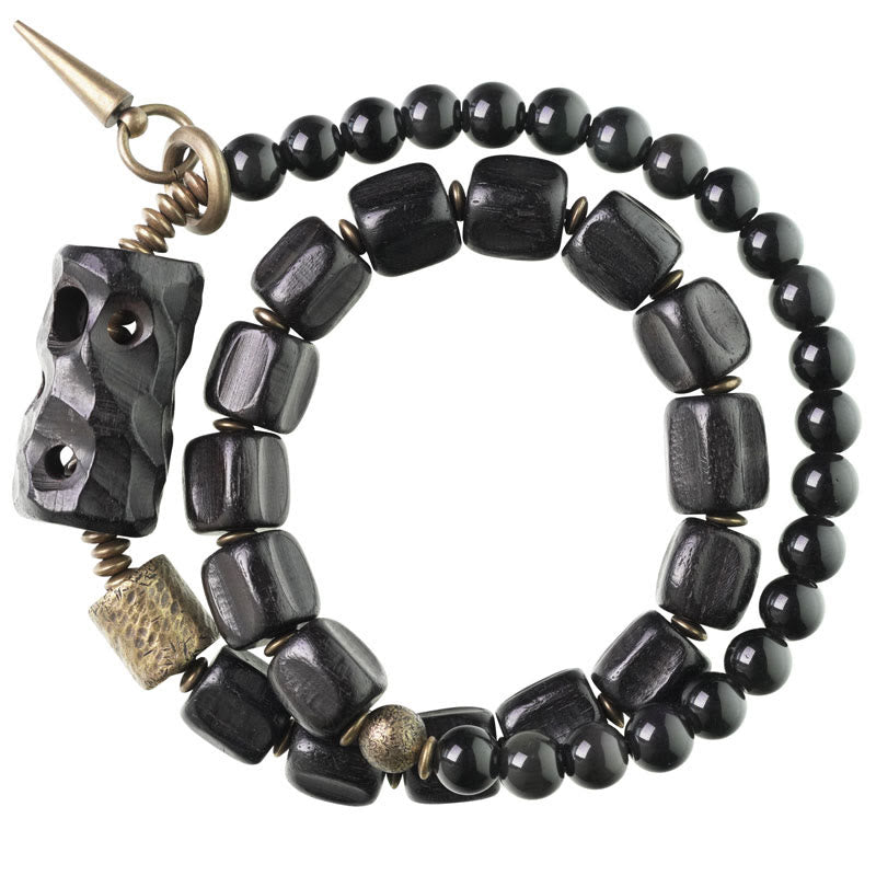 Nimara Ritual Ebony Wood Black Obsidian Copper Brass Peace Double Wrap Bracelet