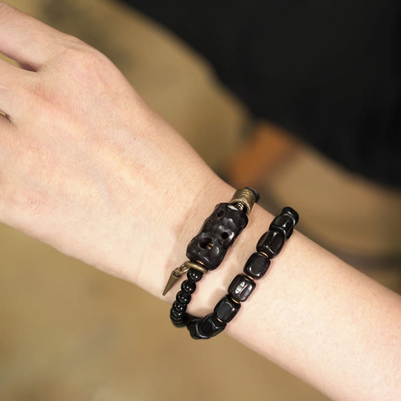 Nimara Ritual Ebony Wood Black Obsidian Copper Brass Peace Double Wrap Bracelet
