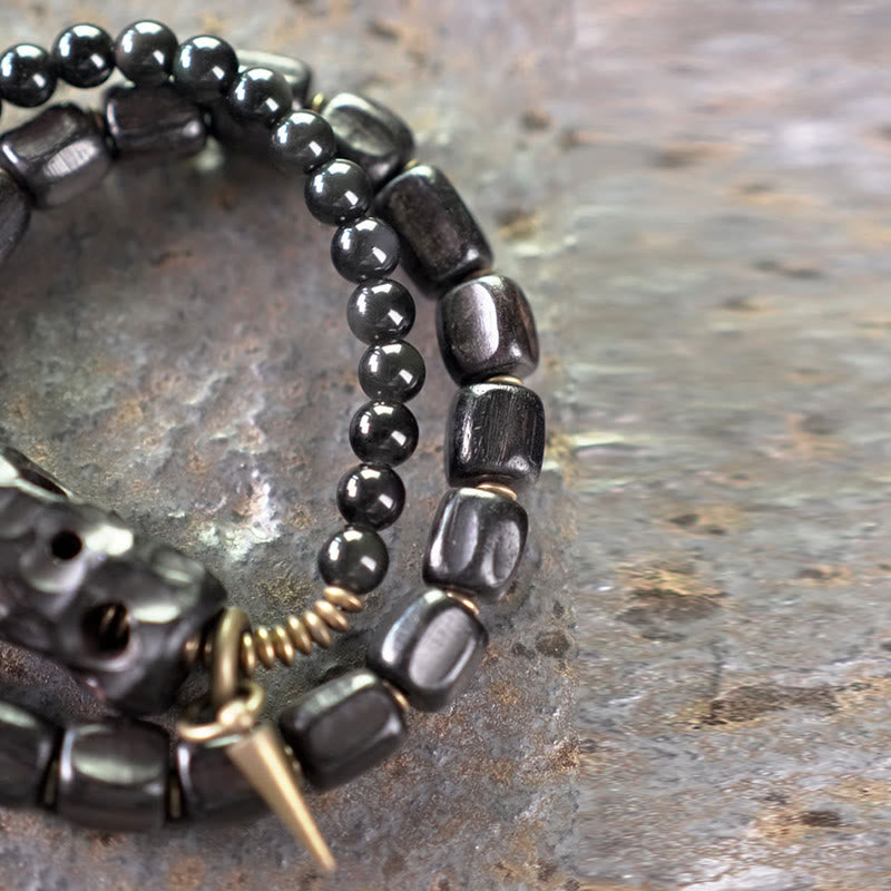 Nimara Ritual Ebony Wood Black Obsidian Copper Brass Peace Double Wrap Bracelet