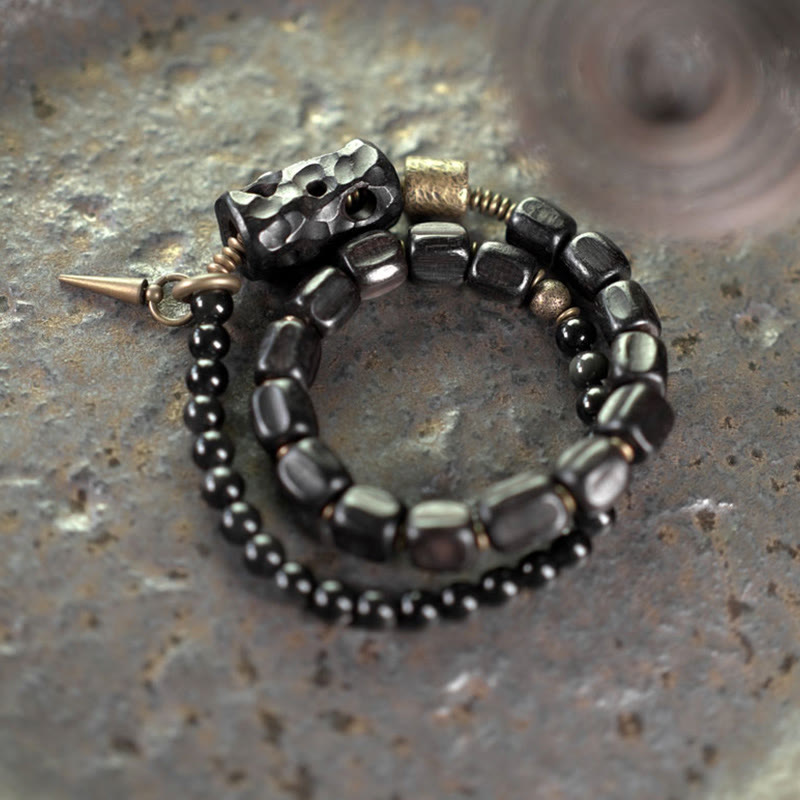Nimara Ritual Ebony Wood Black Obsidian Copper Brass Peace Double Wrap Bracelet