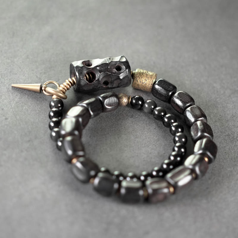 Nimara Ritual Ebony Wood Black Obsidian Copper Brass Peace Double Wrap Bracelet