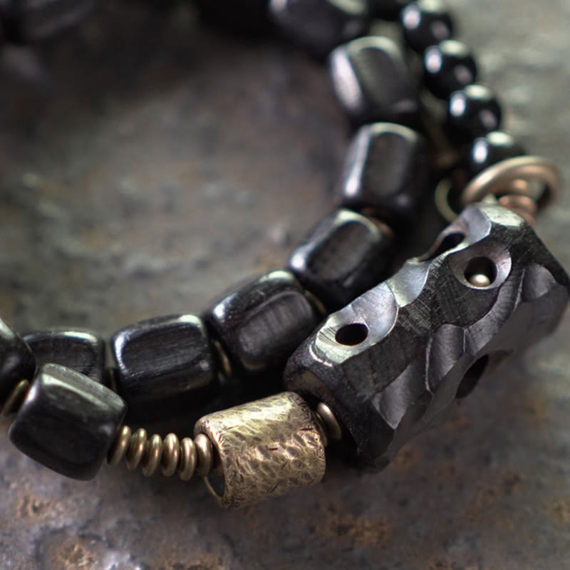 Nimara Ritual Ebony Wood Black Obsidian Copper Brass Peace Double Wrap Bracelet