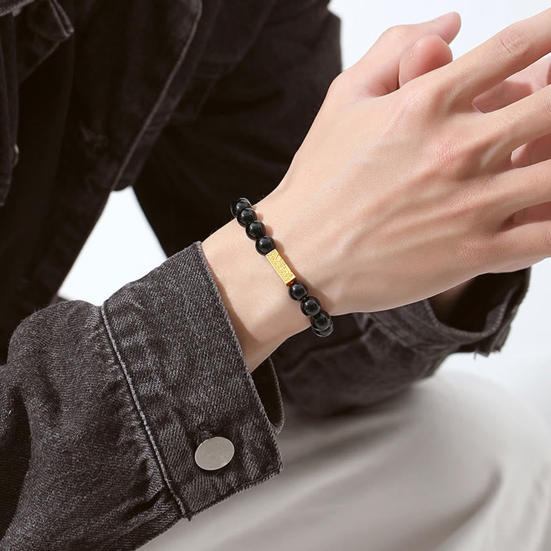 Nimara Ritual Black Obsidian 925 Sterling Silver Fu Character Cube Strength Bracelet